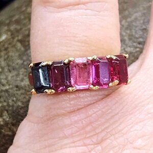 Vtg Gold Tone Pink Purple Faceted Rhinestone Ring Roman Brand Size 6